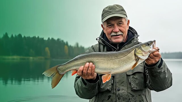 Smiling older man proudly holds a large fish while standing by a serene lake, showcasing the joy of fishing, camera gradually zooms in on the catch