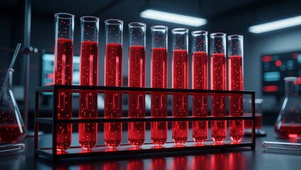 Red liquid test tubes in lab rack