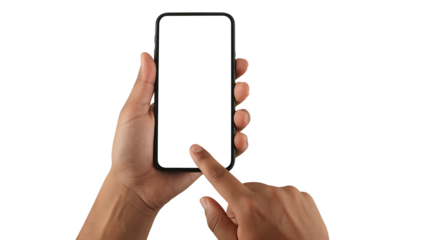 Hands holding and tapping blank smartphone screen isolated on transparent background