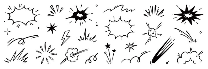 Comic line speed effect cartoon explosive vector set. Hand drawn sketch doodle comic line speed motion, explosive cartoon burst, boom energy, impact power action element. Vector illustration © Polina Tomtosova
