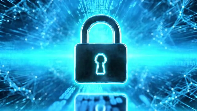 A glowing padlock icon amid neon circuits and data streams, symbolizing cybersecurity. in cyberspace
