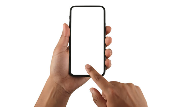 Hands holding and tapping blank smartphone screen isolated on transparent background - Powered by Adobe