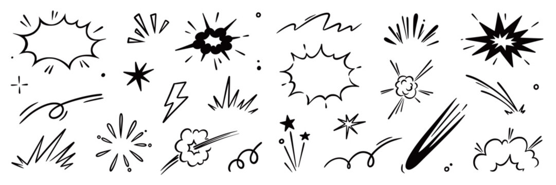 Comic line speed effect cartoon explosive vector set. Hand drawn sketch doodle comic line speed motion, explosive cartoon burst, boom energy, impact power action element. Vector illustration