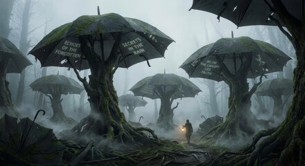 Mysterious Forest of Umbrella Trees in Fog. Surreal Umbrella Tree Forest in Mist