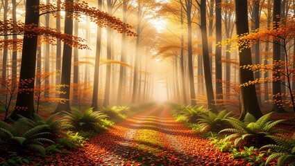 Autumn forest path with golden leaves and misty sunlight