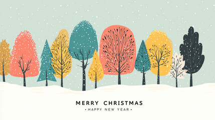 Colorful winter trees with falling snow