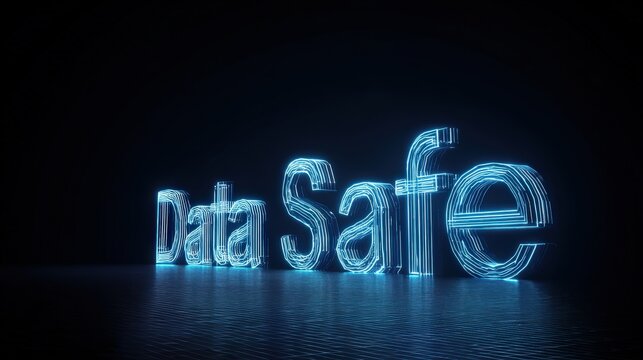 Illuminated Data Safe text in futuristic font, symbolizing digital security and data protection, glows on a dark background. ..Created with Generative AI, not depicting real subjects.