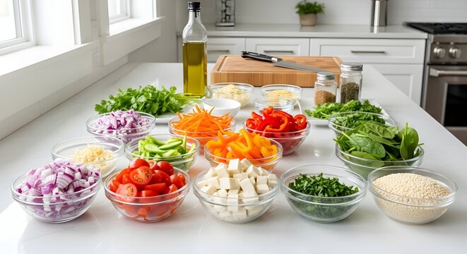 Assorted fresh vegetables and ingredients arranged in bowls on a kitchen countertop with natural light.