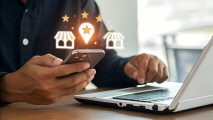 Man uses smartphone and laptop to manage online business reputation and local search presence with glowing shop icons and stars