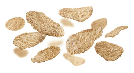 Rice flakes levitate on a white background