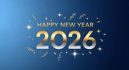Happy new year 2026 text with gold and silver numbers on a blue background