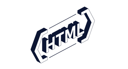 An isometric, stylized 3D illustration of 'HTML' in dark blue block letters, enclosed by code brackets, symbolizing web development and coding.