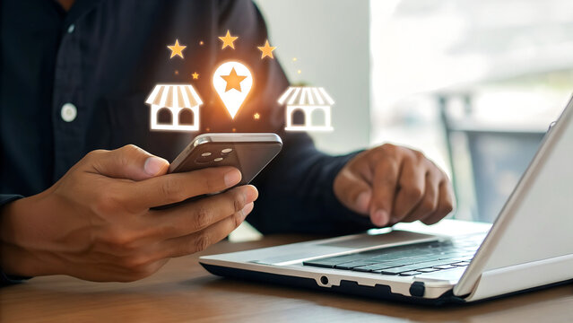 Man uses smartphone and laptop to manage online business reputation and local search presence with glowing shop icons and stars