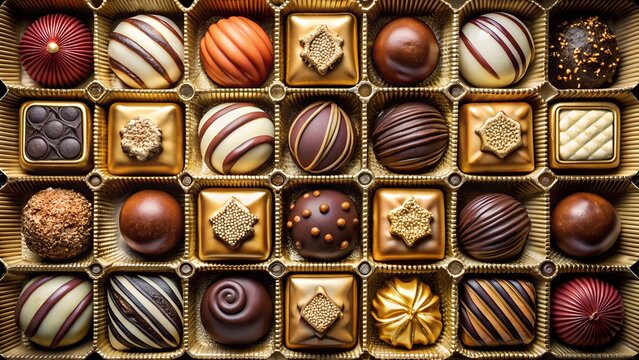 Assorted gourmet chocolates in a golden box offer a sweet and decadent treat