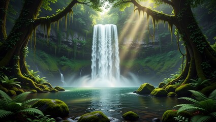 Lush jungle waterfall with sunlight and mossy rocks