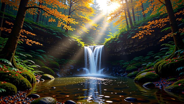 Sunlight through autumn forest waterfall - Powered by Adobe