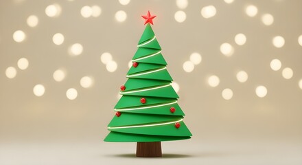 Stylized Christmas tree with red star and ornaments on a bokeh background.