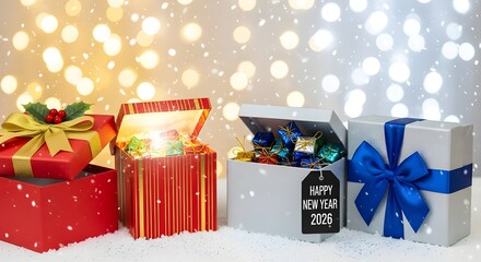 Festive image of four gift boxes, each adorned with ribbons, celebrating the New Year with a snowy background.