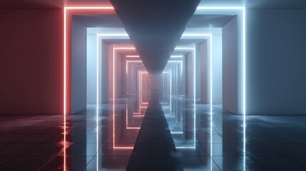 Futuristic Neon Light Tunnel Abstract Background.