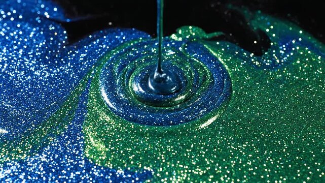 Mesmerizing closeup of viscous metallic liquid pouring and swirling into a bed of shimmering blue and green glitter creating abstract patterns and textures. - Powered by Adobe