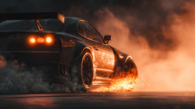 Sports car drift fire smoke night asphalt rear view racing speed tire flame glowing burnout performance turbo coupe spoiler