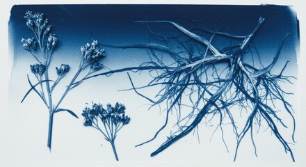 Cyanotype of delicate plant stems, small blossoms, and intricate root systems