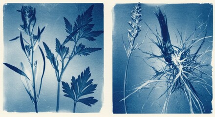 Two cyanotype prints of plants, one with foliage and buds, the other with seeds and roots