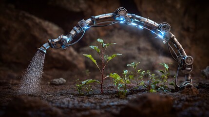 Futuristic Robotic Arm Watering a Small Plant in a Dark, Mystical Environment.