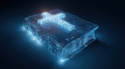 A glowing cross shines atop a holographic Bible. The image is an artistic concept with religious symbolism. ..Created with Generative AI, not depicting real subjects.