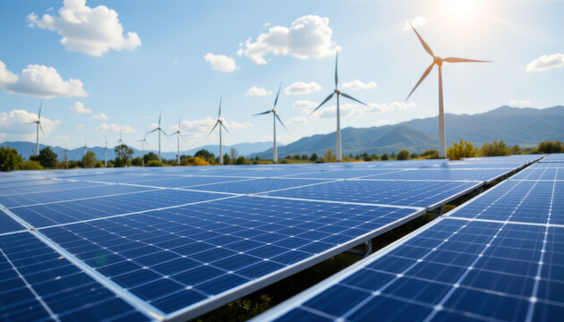 Solar panel renewable energy wind turbine clean power blue sky mountains solar farm sustainability green energy landscape