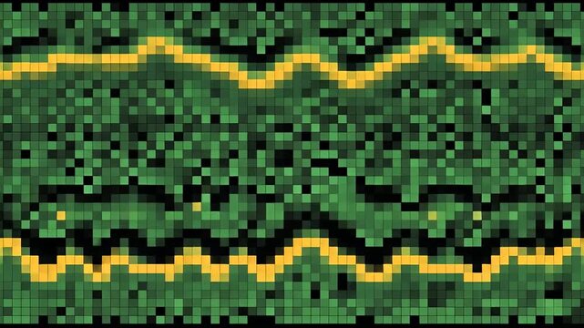 Pixelated abstract representation of sound waves or data in green and yellow, showcasing a dynamic, textured visual pattern