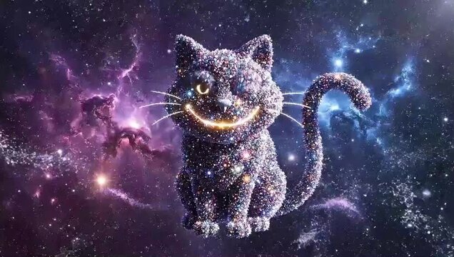 A sparkling cheshire cat floating mysteriously in a vibrant cosmic nebula