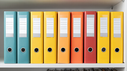 Colorful office ring binders neatly organized on shelf