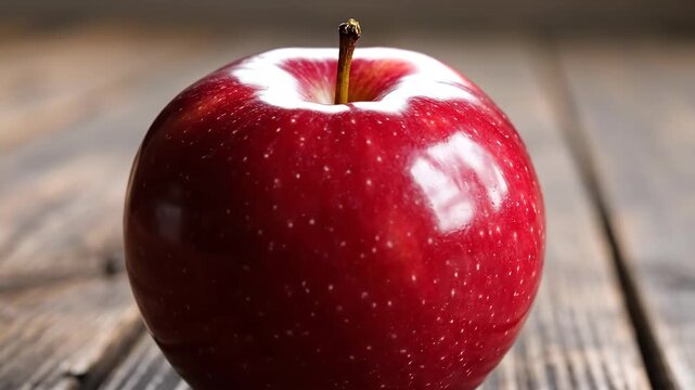 A glossy red apple standing upright on a wooden table