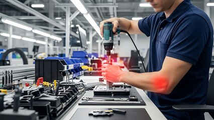 Industrial worker with arm pain from repetitive strain injury in a modern factory assembly line
