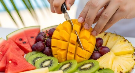 Close-up of hands expertly slicing a ripe mango into cubes on a vibrant platter of various fresh tropical fruits.