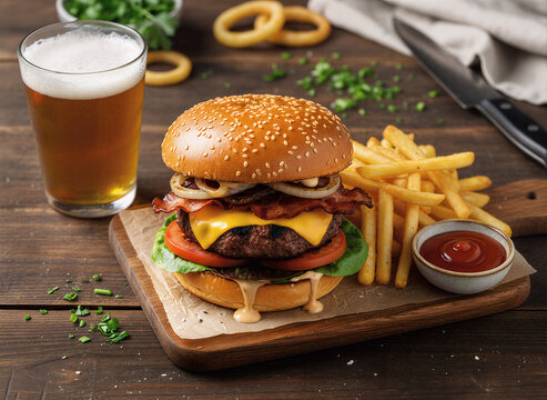 Close-up of a Delicious Deluxe Bacon Cheeseburger Served with Beer and Fries
