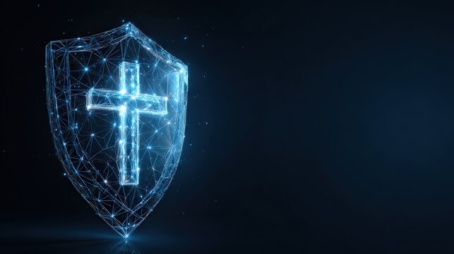 A luminous, digital shield, adorned with a symbolic cross, glows with ethereal light, standing as a beacon of protection. ..Created with Generative AI, not depicting real subjects.