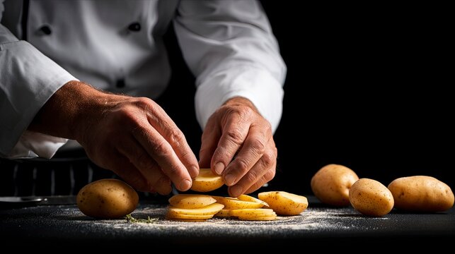 Professional chef preparing delicious potato dish with culinary precision in dark elegant kitchen, a mouthwatering culinary experience awaits you