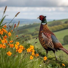 A beautifully patterned pheasant near ripe field flowers, clear with a beautiful background.