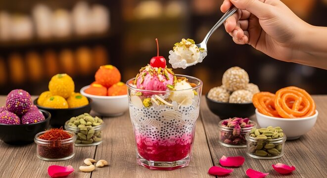 A hand scooping a delicious falooda dessert surrounded by an assortment of colorful traditional Indian sweets and nuts on a table.