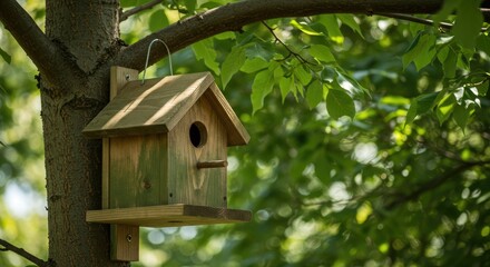 Wooden birdhouse hangs on a tree branch amidst lush green foliage