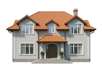 Facade of a Traditional Two-Story House with Orange Tiled Roof and White Walls Featuring Multiple Windows and a Chimney Set Against a Transparent Background