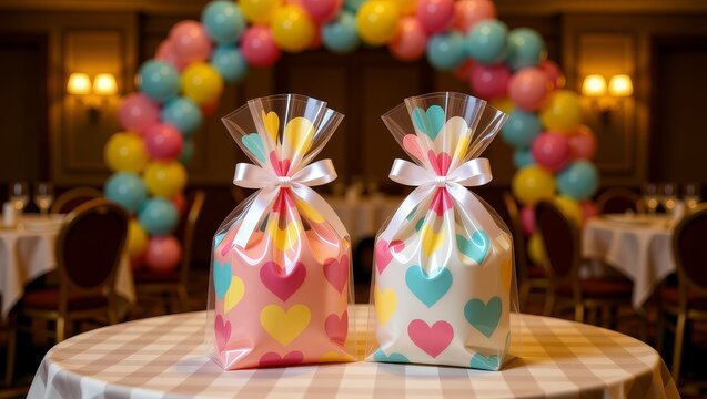 Colorful heart gift bags on party table with balloon arch