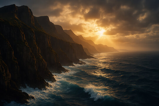Cinematic Coastal Mountain Range at Sunset with Crashing Ocean Waves