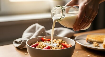 Pouring milk onto cereal with strawberries in a bowl.