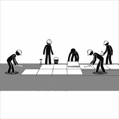 Fototapeta premium A team of stick figures diligently works together to install ceramic floor tiles, demonstrating the collaborative effort required for home renovation and construction projects.