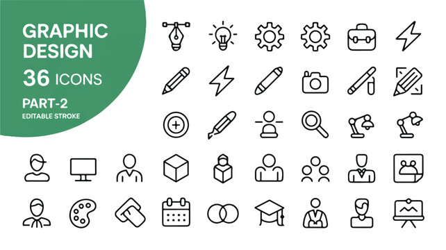 Clean vector line icons pack showcasing graphic design tools, creative processes, digital media, and professional business concepts for versatile projects - Powered by Adobe