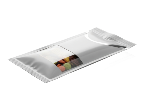 Sleek modern snack pouch with glossy highlights and smooth reflections white background