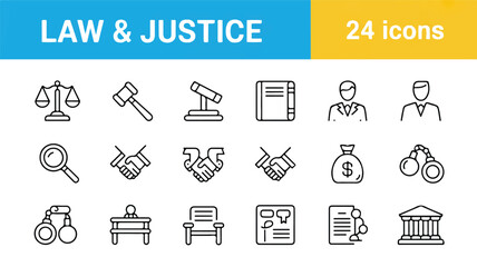 Law and Justice Icons A Comprehensive Set of 24 Outline Symbols for Legal and Judicial Concepts